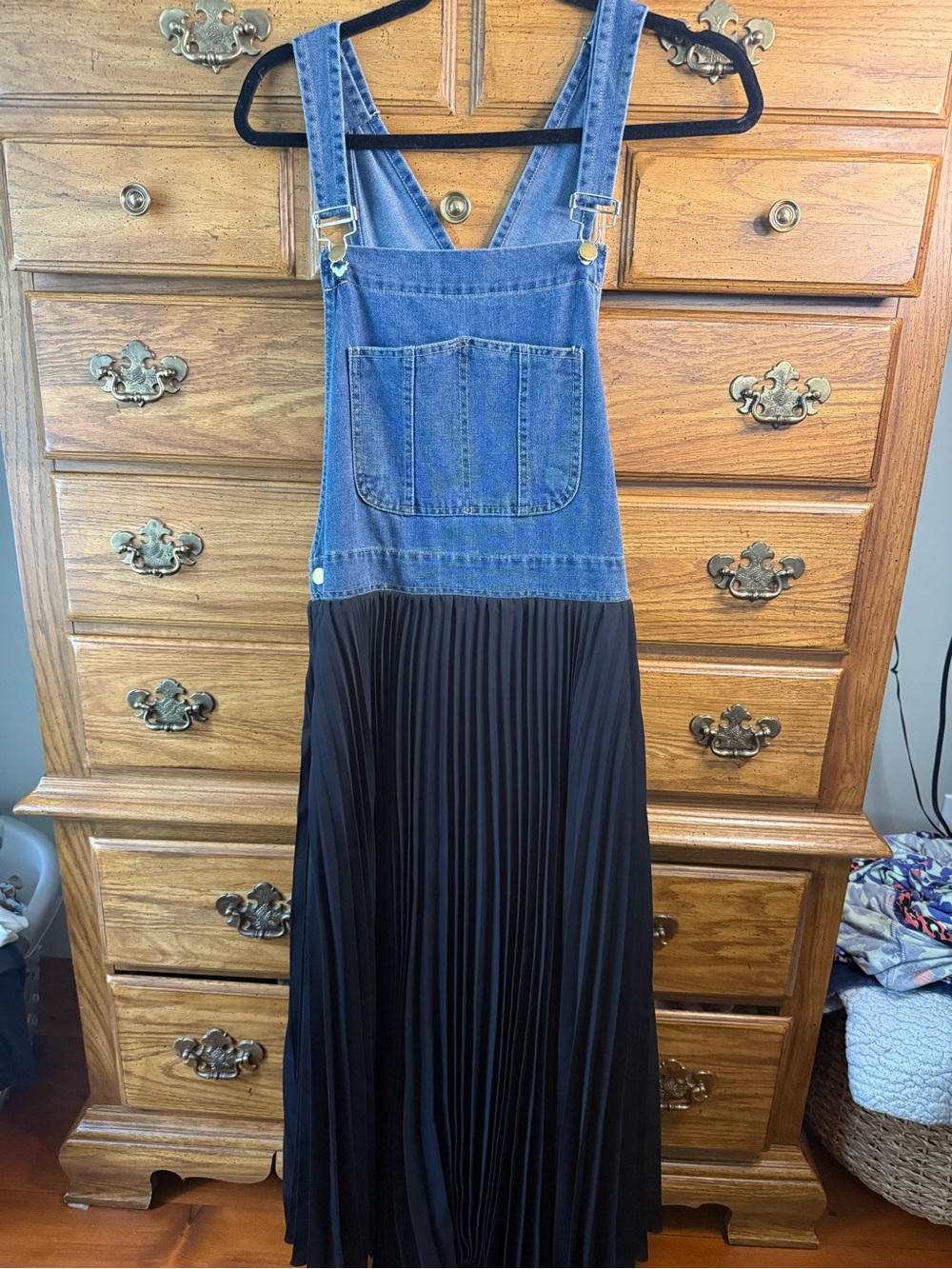 Denim Bib Overalls Dress with Black Pleated Skirt
